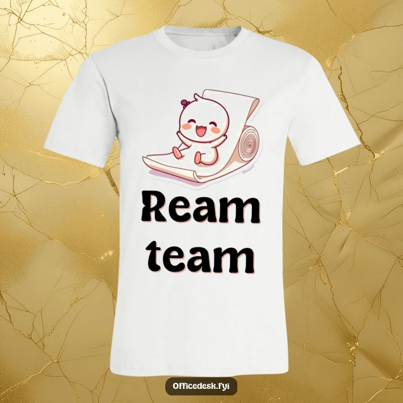 Funny t-shirt featuring a happy character sliding down a paper ream, embodying pure bliss and playful abandon. Perfect gift.