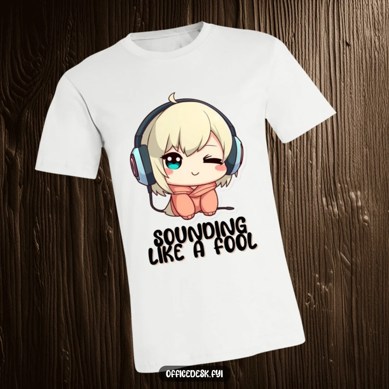 Funny t-shirt featuring a cute character with a mischievous wink, accidentally wearing large headphones backwards, a humorous music statement.