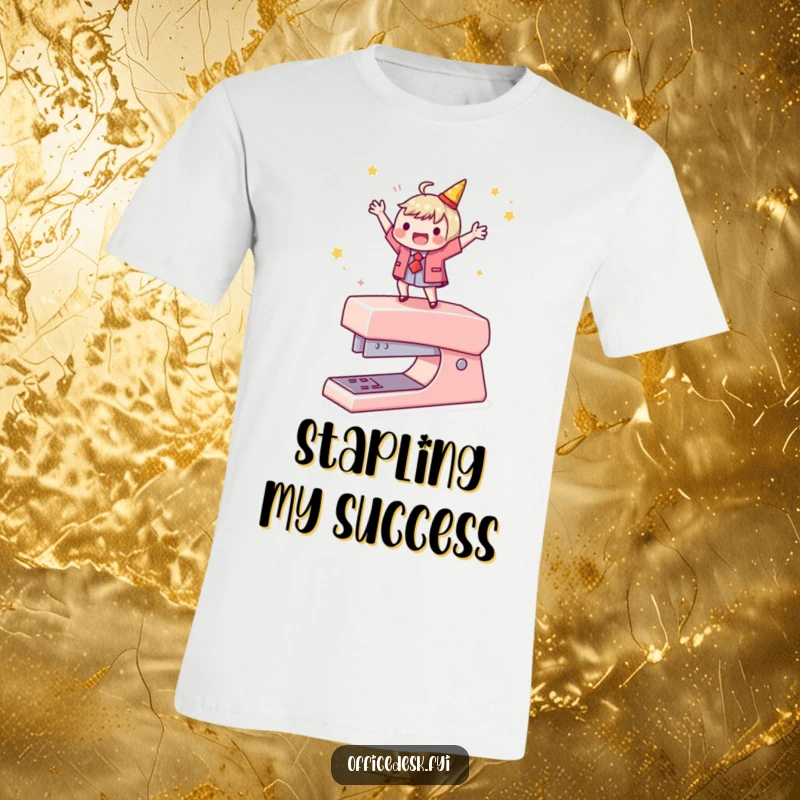 Funny t-shirt showing a character dancing gleefully on a stapler, embodying hilarious office celebration and achievement.