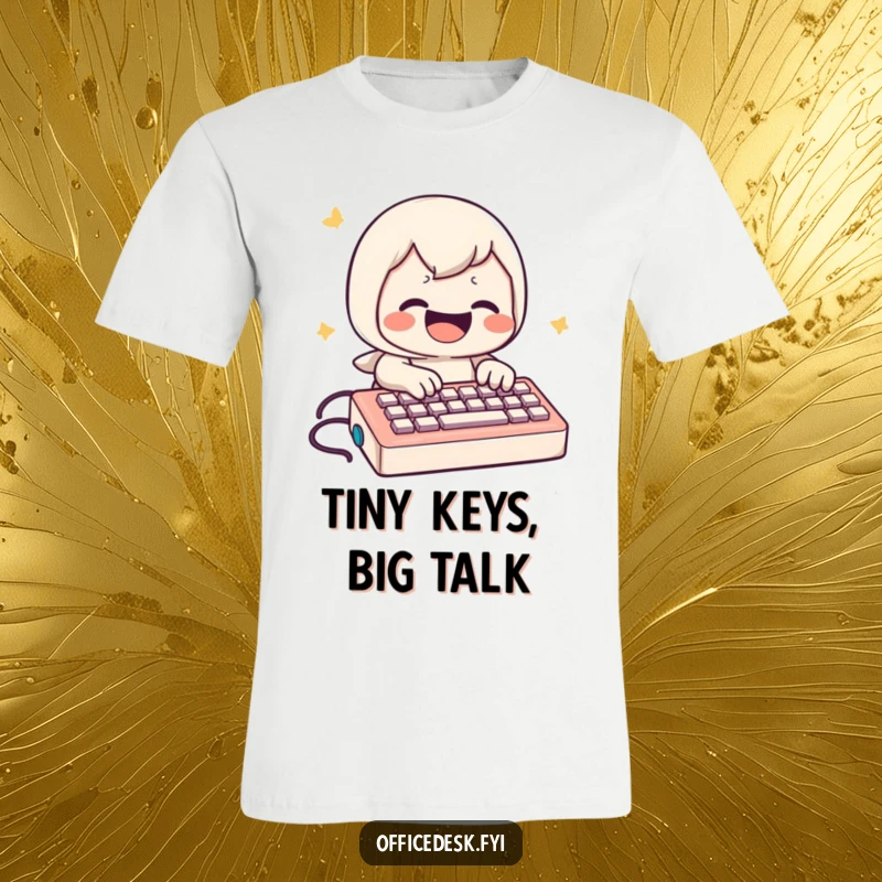 Funny T-Shirt: A grinning character types at incredible speed on a comically small keyboard, celebrating digital communication.