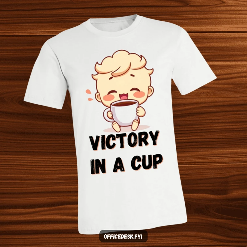 Funny t-shirt depicting a cheerful character with a satisfied sigh, taking a triumphant sip from a coffee mug, pure happiness.