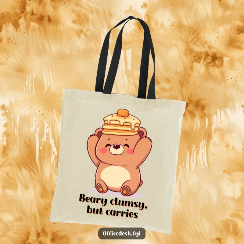 Funny tote bag showcasing a clumsy bear humorously attempting to balance a stack of pancakes on its head, ready for any adventure.
