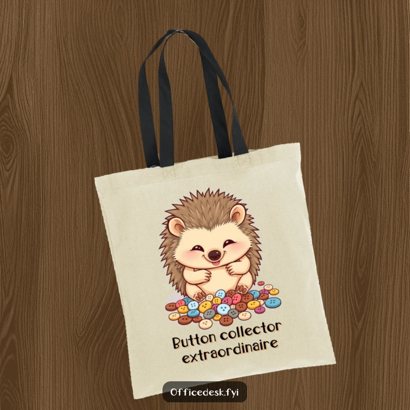 Funny tote bag with a cheerful hedgehog meticulously organizing its abundant collection of very small buttons, a symbol of cute dedication.