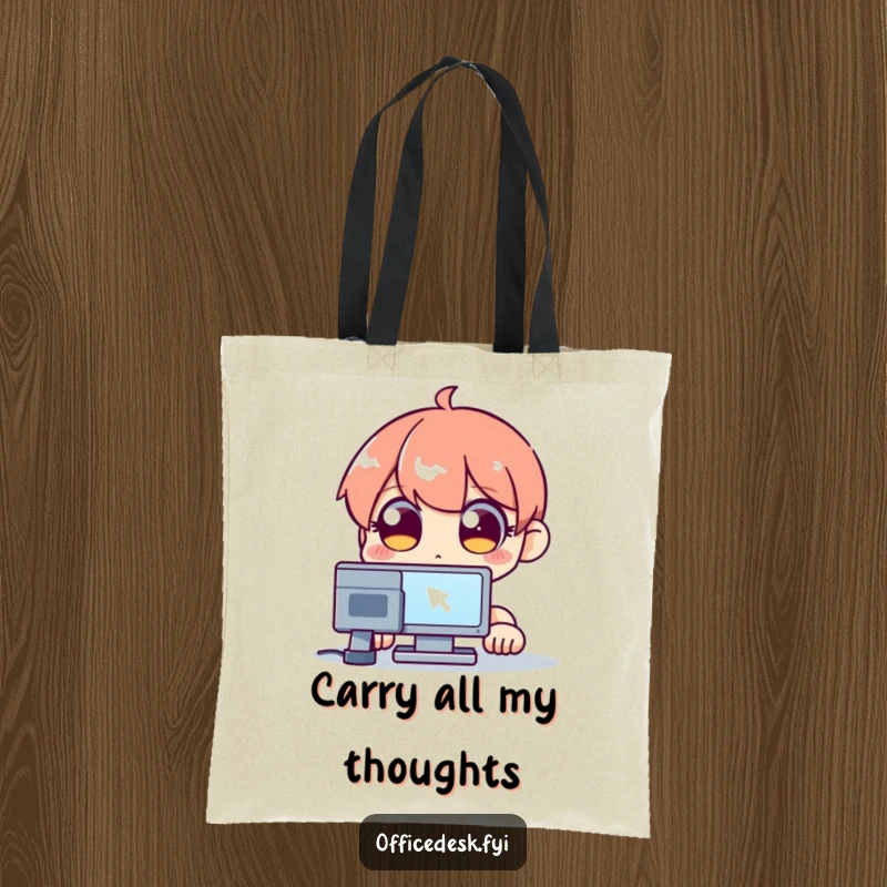 Funny tote bag depicting a wide-eyed character staring intently at a blinking computer cursor, ideal for carrying tech gear.