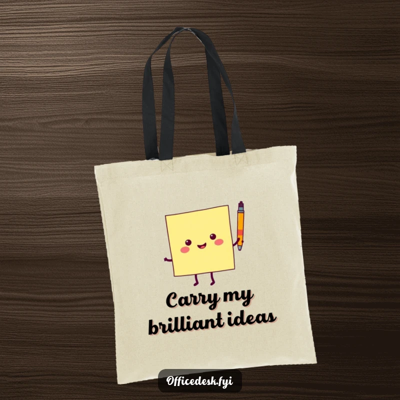 Funny tote bag designed with a cheerful sticky note character joyfully dancing, holding a small pen, showcasing a vibrant and happy design.