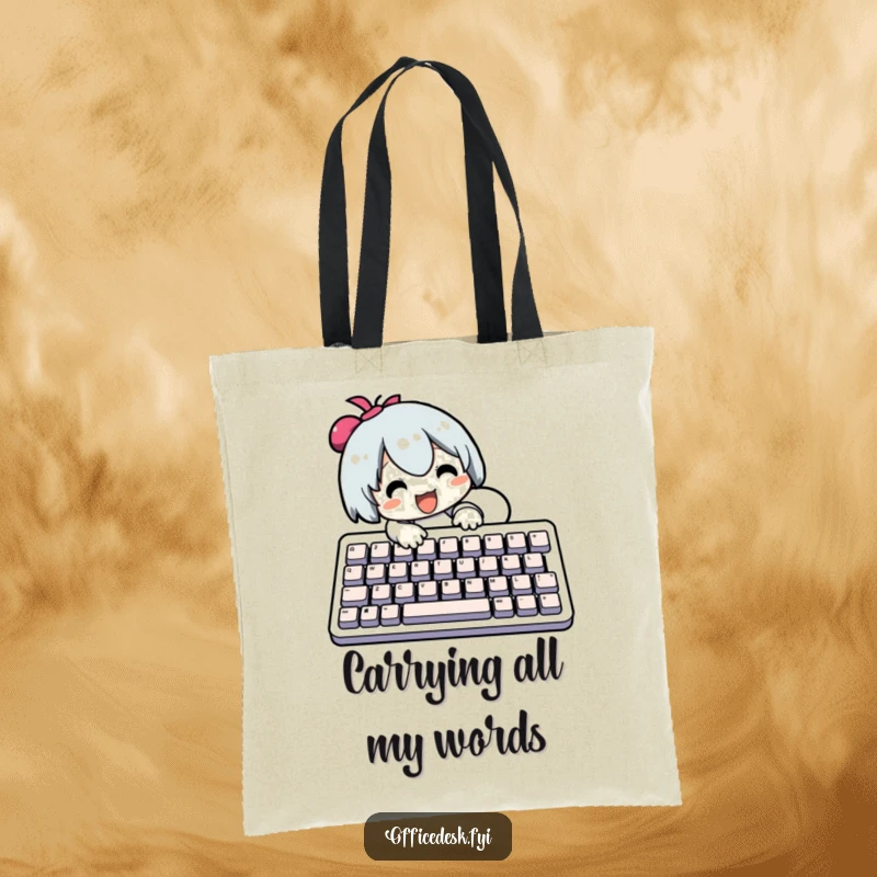 Funny Tote Bag: Character enthusiastically typing on a hilariously large keyboard, symbolizing the fun of tech. Perfect funny gift.