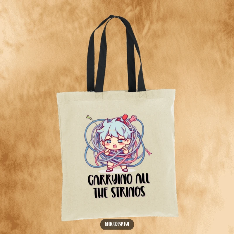 Funny Character Tote Bag: A determined character untangling a giant knot of cables, a symbol of overcoming challenges.