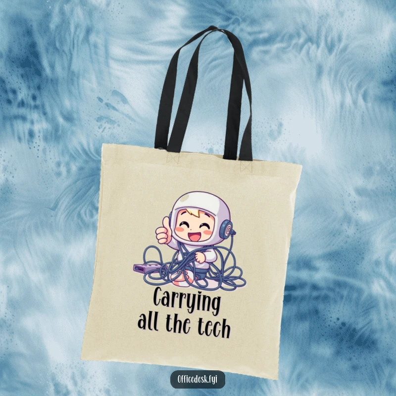 Funny cheerful character giving a thumbs up while tangled in computer cables on a tote bag, a humorous and funny gift.