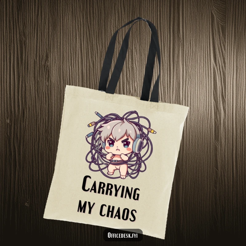 Funny Tote Bag: A determined character bravely untangling a massive, messy ball of electronic cables, symbolizing tech organization.