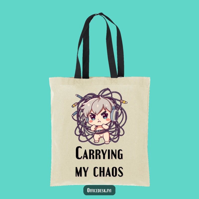 Funny Cable Organizer Tote Bag: Determined Character Tackling Tech Mess, Eco-Friendly Funny Gift