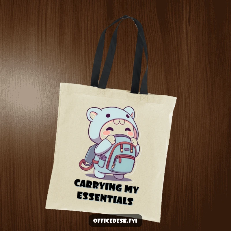 Funny tote bag showing a character zipping a tiny backpack, a humorous accessory for carrying daily items stylishly.