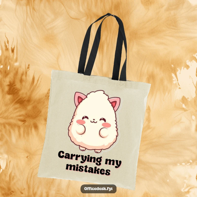 Funny tote bag featuring a fluffy eraser character with rosy cheeks, blushing sweetly.