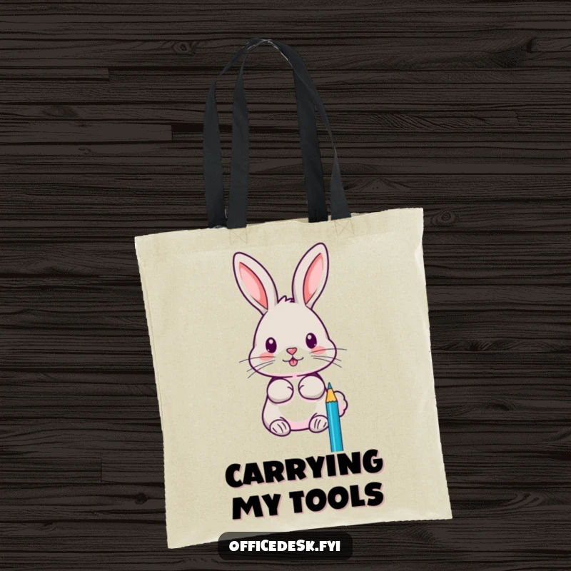 Funny tote bag featuring a focused rabbit sharpening pencils with extreme precision, symbolizing artistic planning and creative purpose.