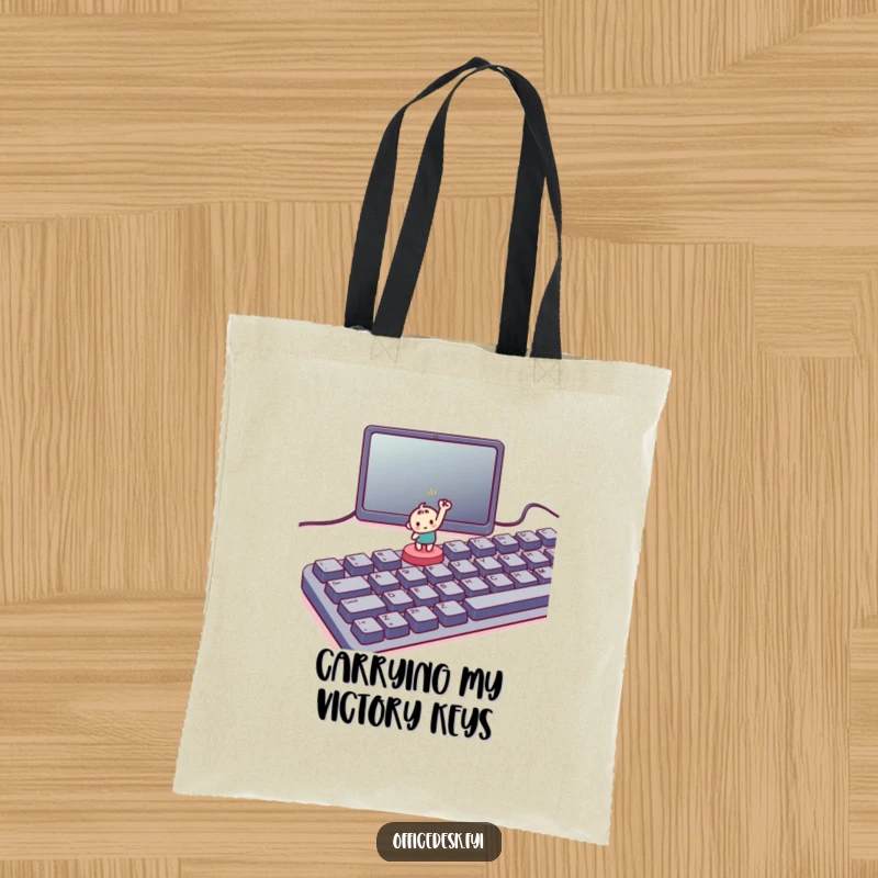 Funny tote bag with a small character triumphantly hitting a tiny button on a large keyboard, ideal for humorous carrying.