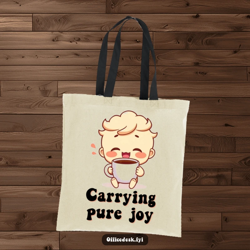 Funny tote bag with a cheerful character taking a satisfied sip from a coffee mug, representing the joy of a perfect moment.