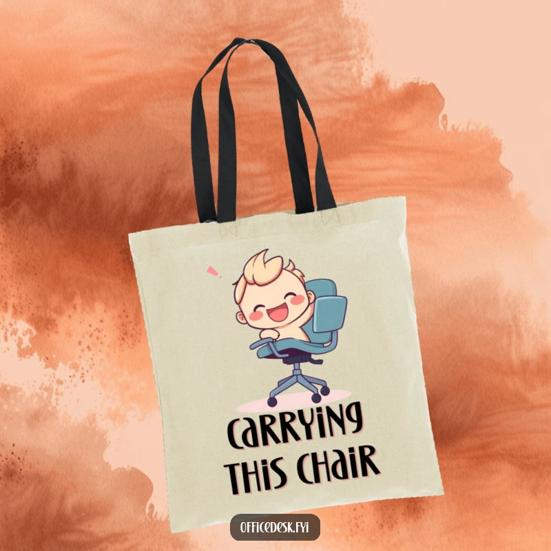Funny tote bag with a smiling character joyfully wrestling a runaway office chair, symbolizing spirited workplace pursuits.