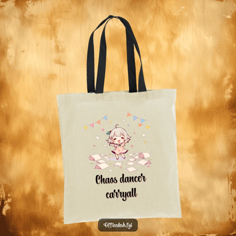 Funny Tote Bag: Character dancing freely among scattered papers, embodying joyous chaos and a love for movement. Perfect funny gift.