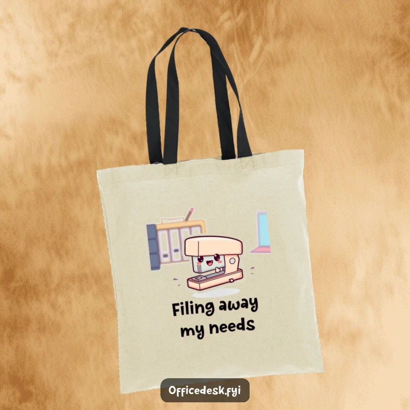 Funny tote bag featuring a tiny stapler character comically zipping across, perfect for carrying office supplies with flair.