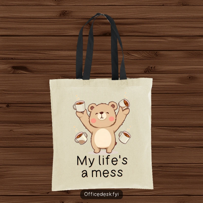 Funny bear juggling multiple overflowing coffee cups, tote bag showcasing caffeine obsession.