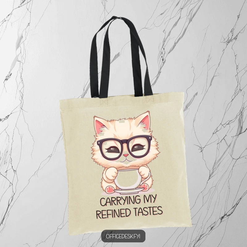 Funny Cat Glasses Tote Bag: A fluffy cat in large glasses meticulously polishing a teacup, perfect for carrying items with sophisticated humor.