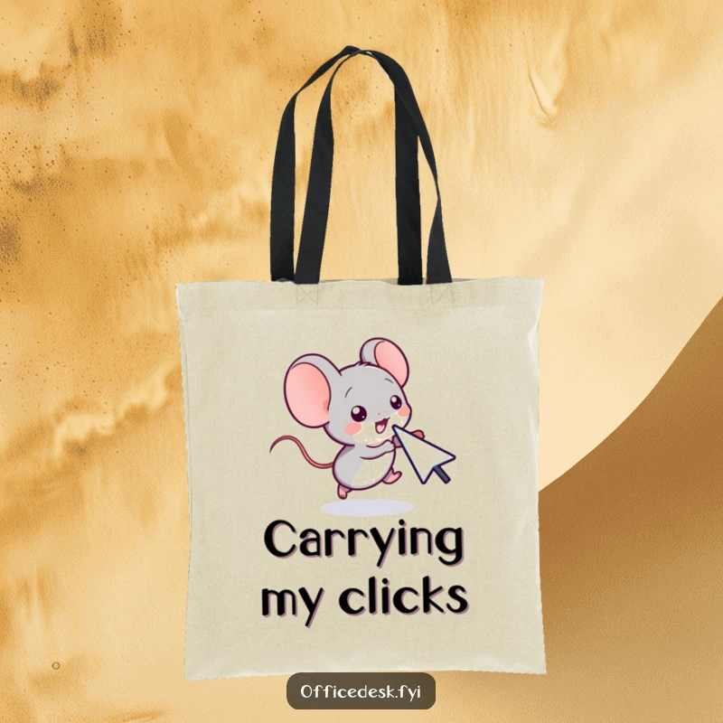 Funny tote bag featuring a small computer mouse character playfully chasing a cursor, perfect for carrying tech accessories.