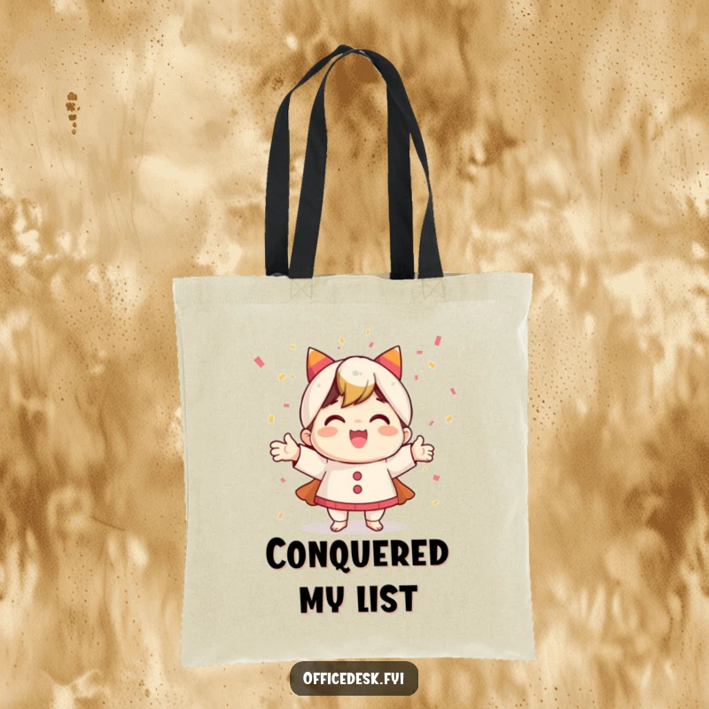 Funny tote bag showcasing a gleeful character amidst a lively confetti explosion, symbolizing the joy of task completion.