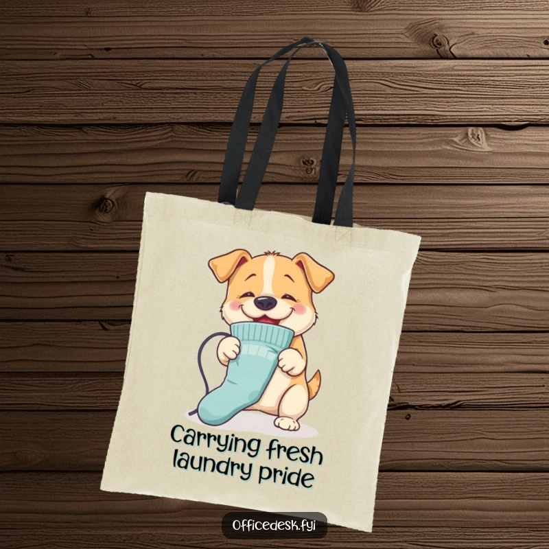 Funny Dog Ironing Tote Bag: A happy dog ironing a sock with its nose, perfect for carrying items with energetic humor.