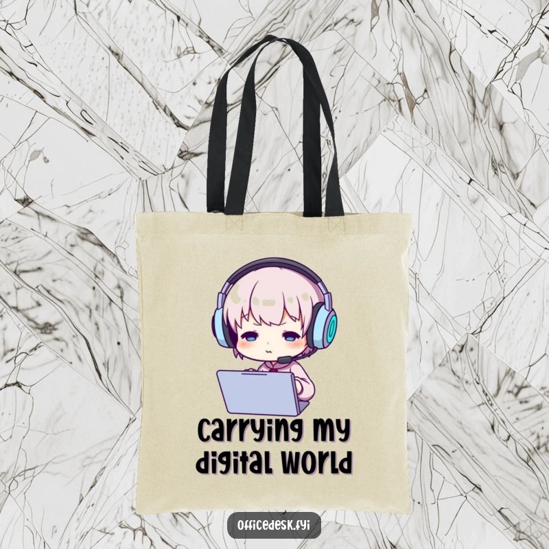 Funny tote bag with a small character wearing large headphones, intensely focused on a screen, ready for digital adventures.