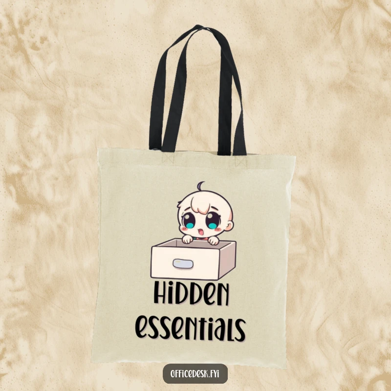 Funny Tote Bag: A cute character with wide, excited eyes peeking into a desk drawer, revealing a secret compartment.