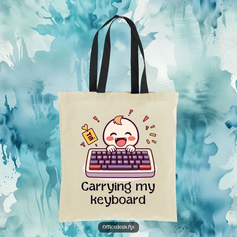 Funny Tote Bag: A tiny, happy keyboard icon exuberantly typing a jumbled but positive message, perfect for carrying tech gear and joy.