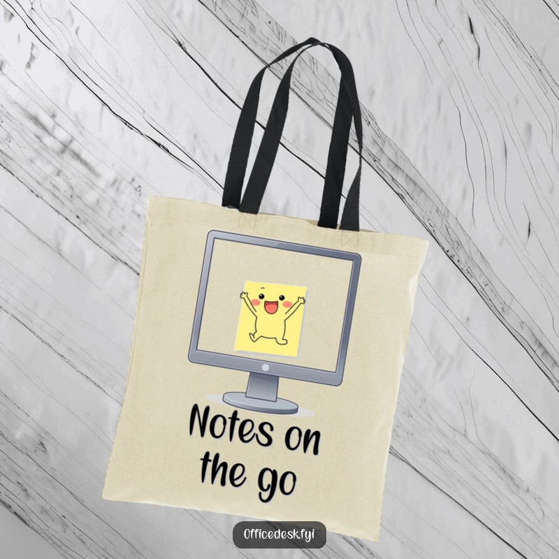 Funny Tote Bag: A small sticky note character joyfully leaping off a monitor, perfect for carrying work essentials with motivational flair.