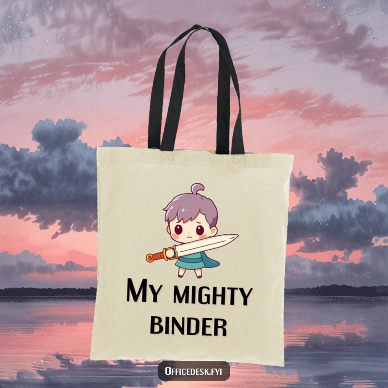 Funny tote bag showing a tiny character with a large paperclip sword, a humorous accessory for carrying daily items.