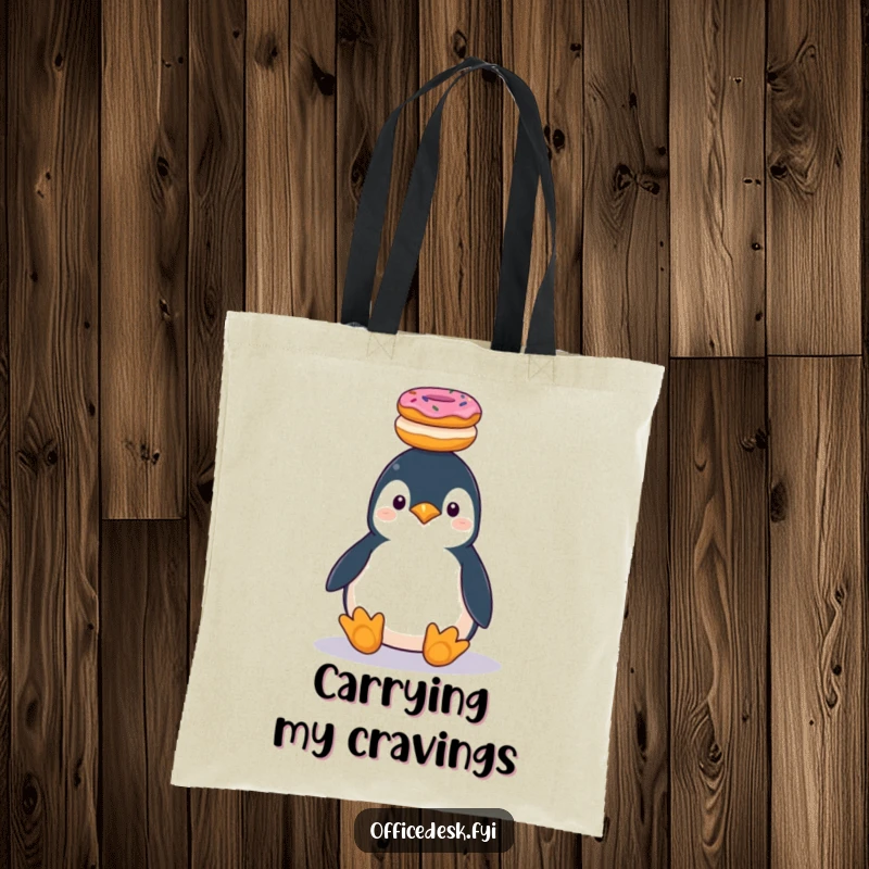 Funny penguin balancing a stack of donuts on its head, tote bag for dessert lovers.
