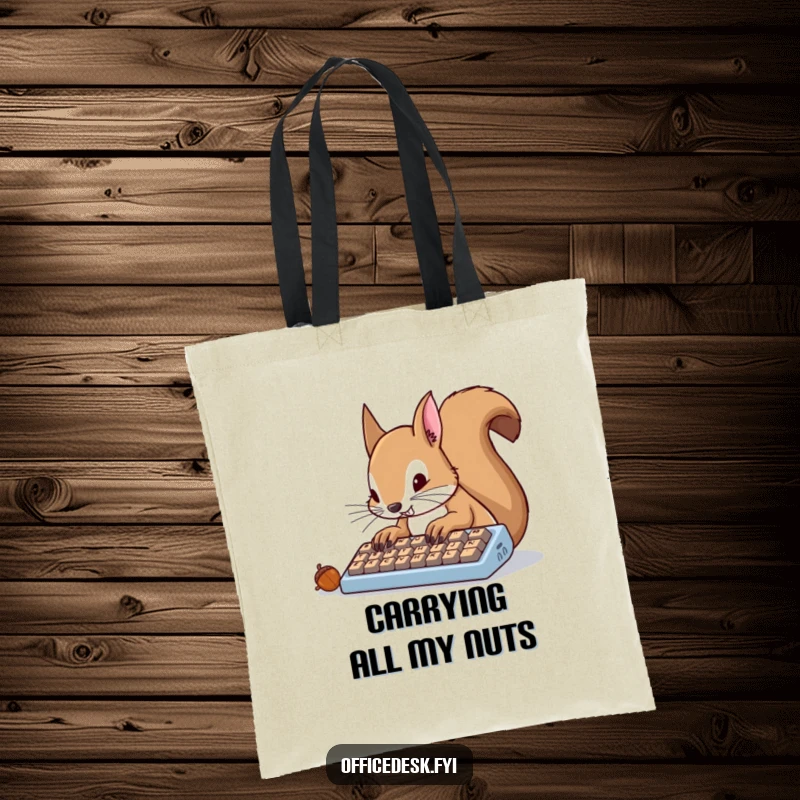 Funny squirrel furiously typing on a tiny keyboard with acorn keys, tote bag for the ambitious.