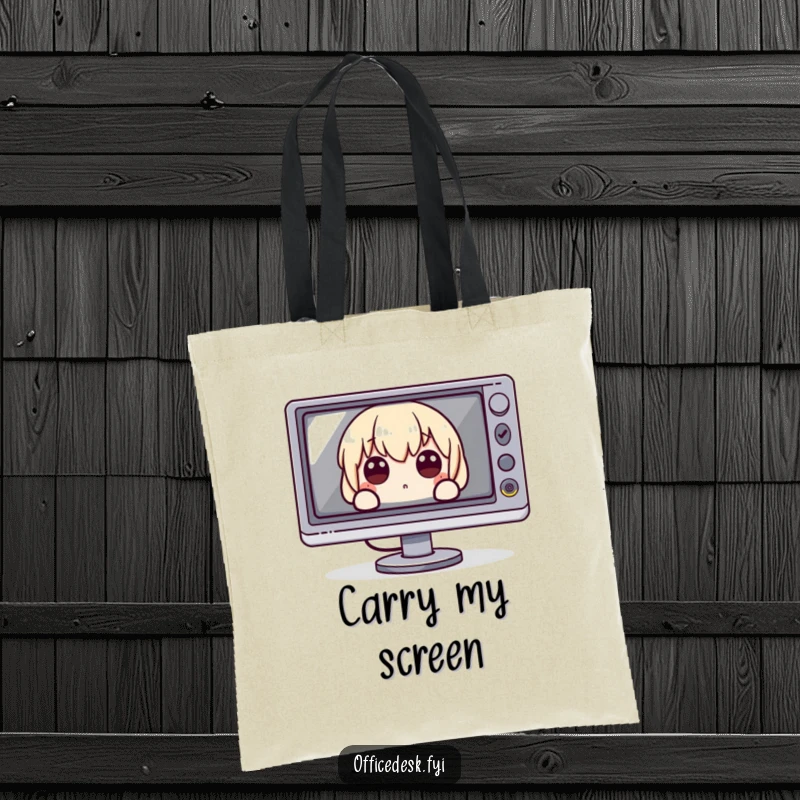 Funny Tote Bag: A character with wide eyes peeking from behind a massive monitor, a humorous accessory for tech lovers.