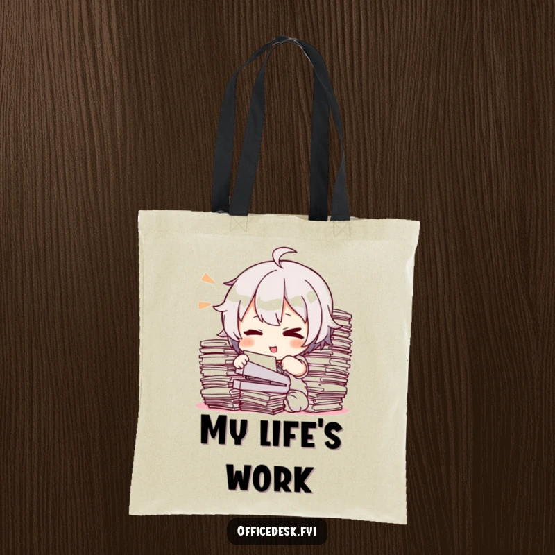 Funny Tote Bag: A character winking as they staple a massive stack of papers, a humorous carry-all for office essentials.