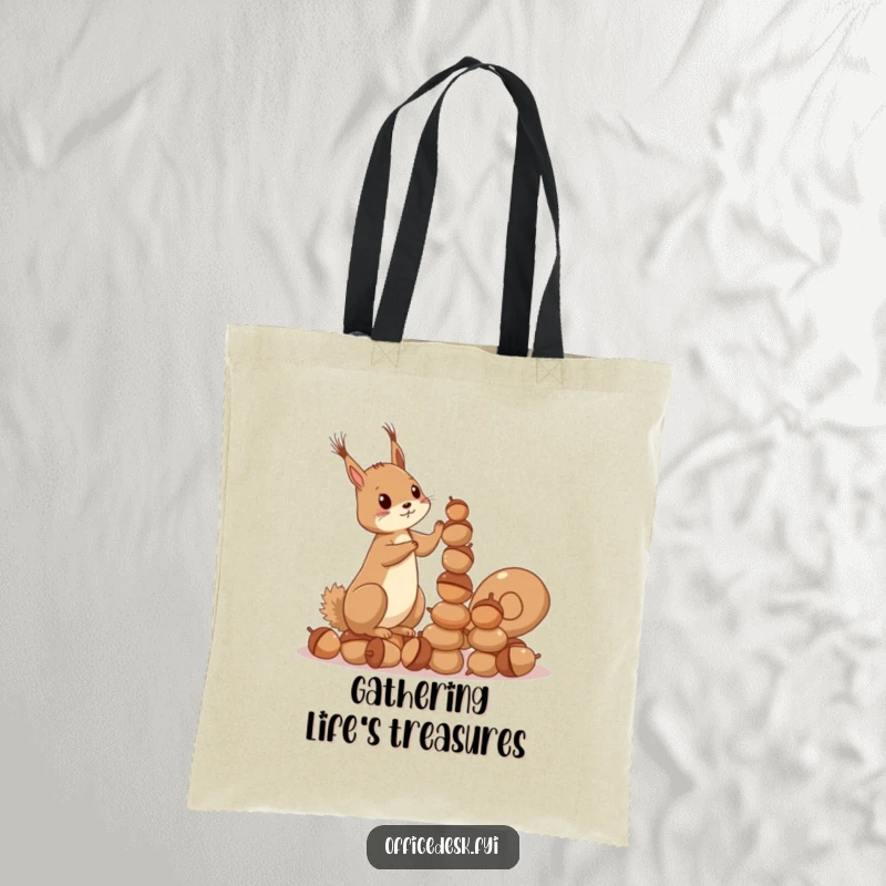 Funny Squirrel Acorn Tote Bag: A playful squirrel stacking acorns into a tower, perfect for carrying items with ambitious humor.
