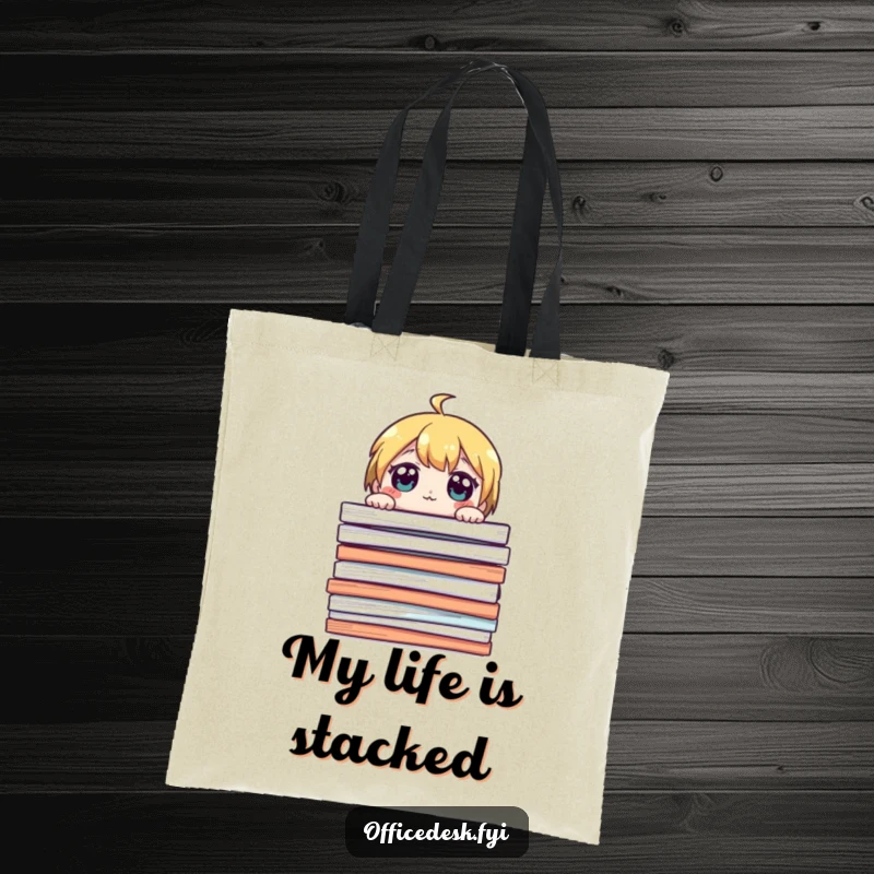 Funny tote bag with a cute character peeking over a giant stack of papers, eyes wide, ideal for humorous carrying.