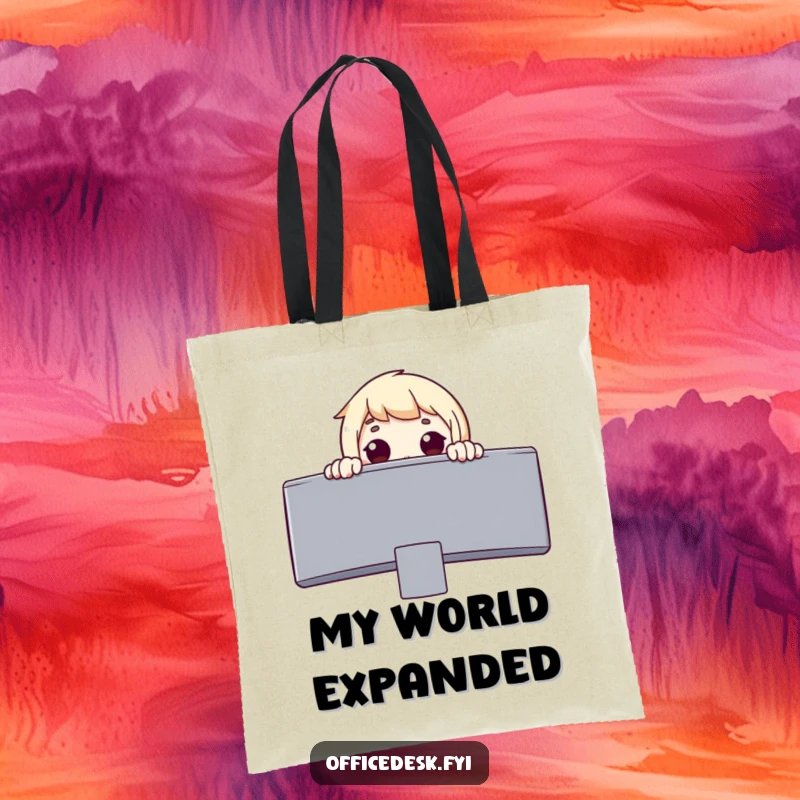 Funny tote bag featuring a surprised character peeking over a giant monitor with eyes wide in wonder, signifying discovery.