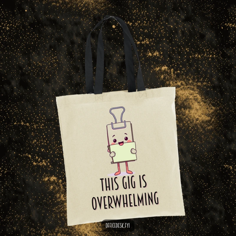 Funny tote bag with a happy binder clip character balancing a comically giant stack of documents.